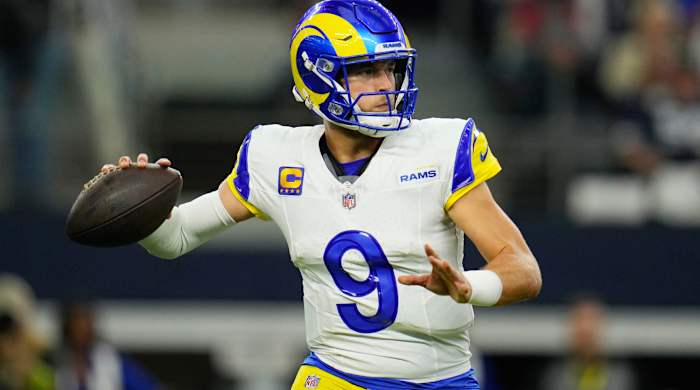 Los Angeles Rams quarterback Matthew Stafford throws a pass during the first half of an NFL football game against the Dallas Cowboys Sunday, Oct. 29, 2023, in Arlington, Texas. (AP Photo/Julio Cortez)   